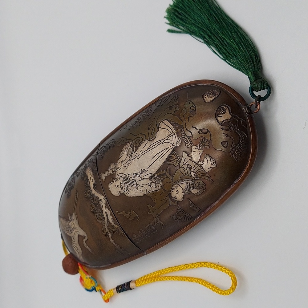 Vintage Chinese Brass glass case & tassels. With Deity, Fortune Kid & Crane.